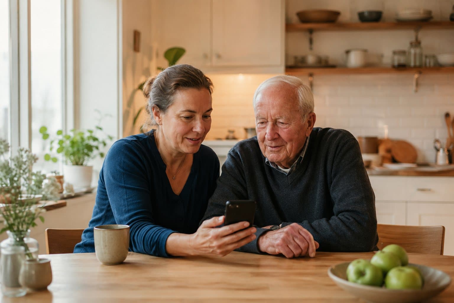 En kvinna och hennes äldre pappa vid ett köksbord, som tillsammans tittar på telefonen hon håller mellan dem