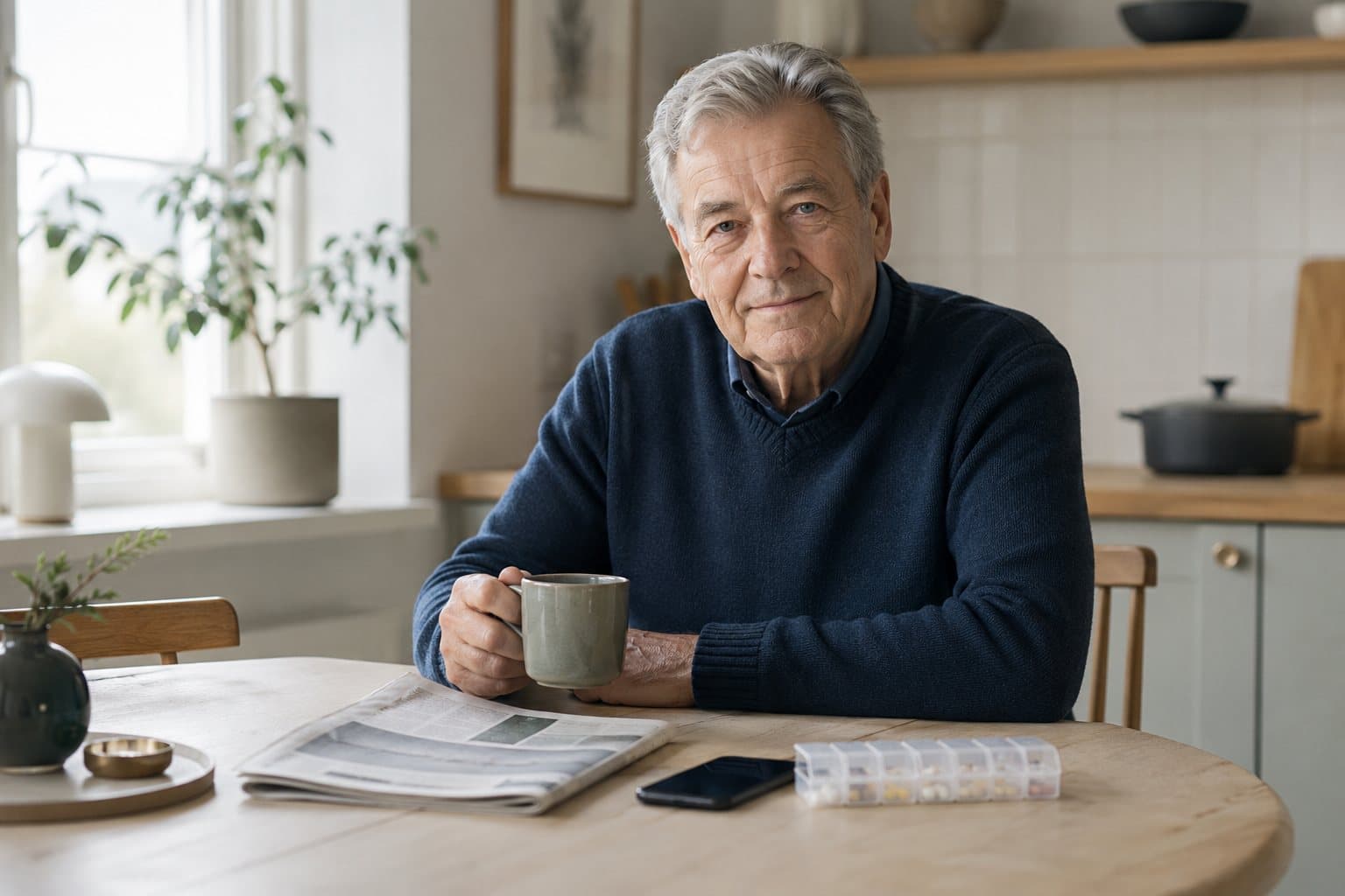 En man i sjuttioårsåldern med kaffe och tidning vid ett skandinaviskt köksbord, med telefonen och en veckodosett bredvid sig